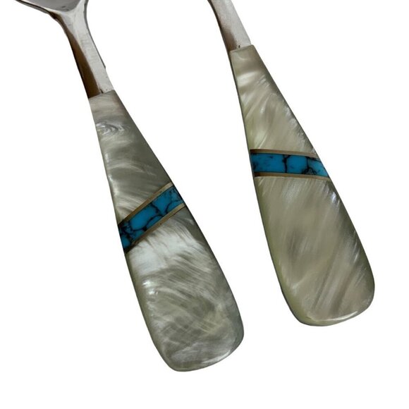 Vtg The First Years Deluxe Stainless Baby Spoon Fork Set Pearlized Handles Blue - Picture 2 of 4